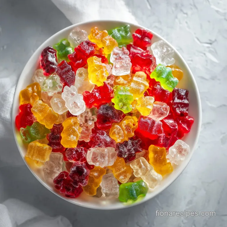 A delicate scattering of frosted gummy bears artfully arranged on a chilled, elegant serving dish with a dusting of ice.