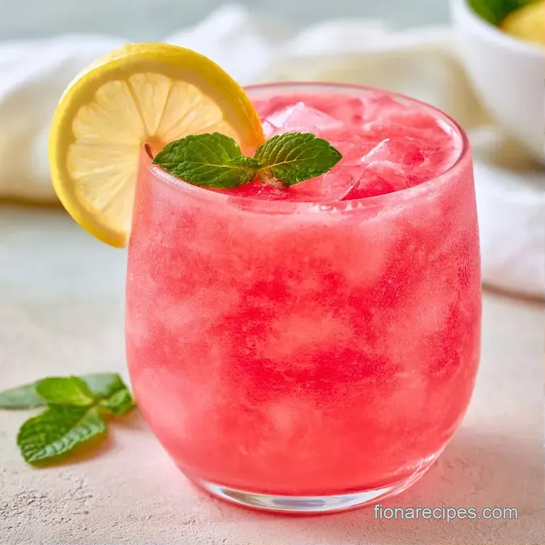 Two tall glasses of bright pink juice filled with ice, garnished with a fresh watermelon cube and a lemon slice.