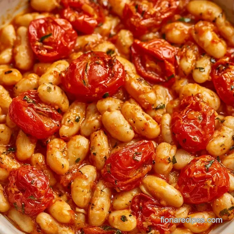 A shallow bowl of creamy white beans simmered in a zesty red tomato sauce, garnished with a sprig of fresh parsley