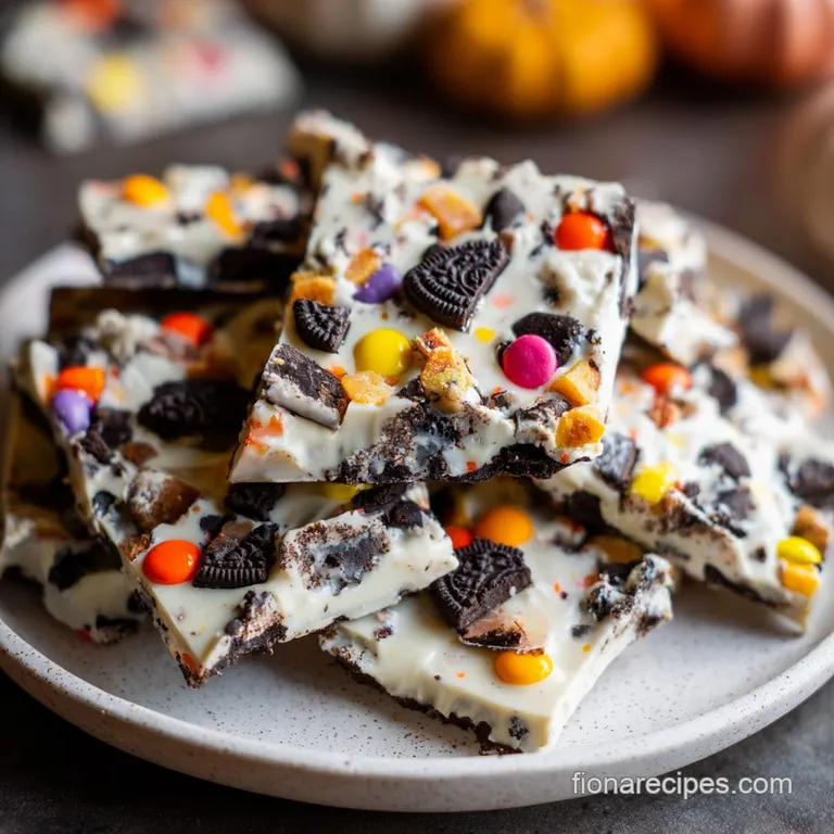 Jagged shards of ivory white chocolate mixed with dark cocoa bits stacked neatly on a sleek marble platter.