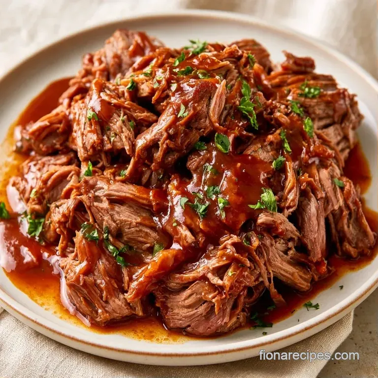 Sliced tender beef roast served on a white plate with roasted root vegetables and a drizzle of glossy brown sauce.